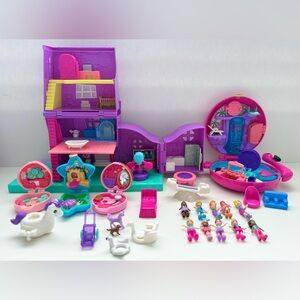 Polly Pocket Dollhouse & Flamingo Lot - 10 Polly Dolls & Accessories included